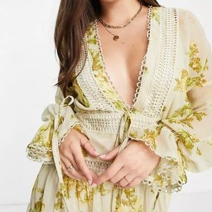 ASOS NEW Lace Insert Mini Dress with blouson sleeves and tie detail in print